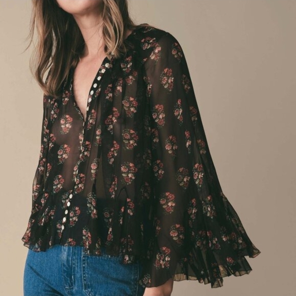 Doen Black Sheer Floral Ruffle Blouse